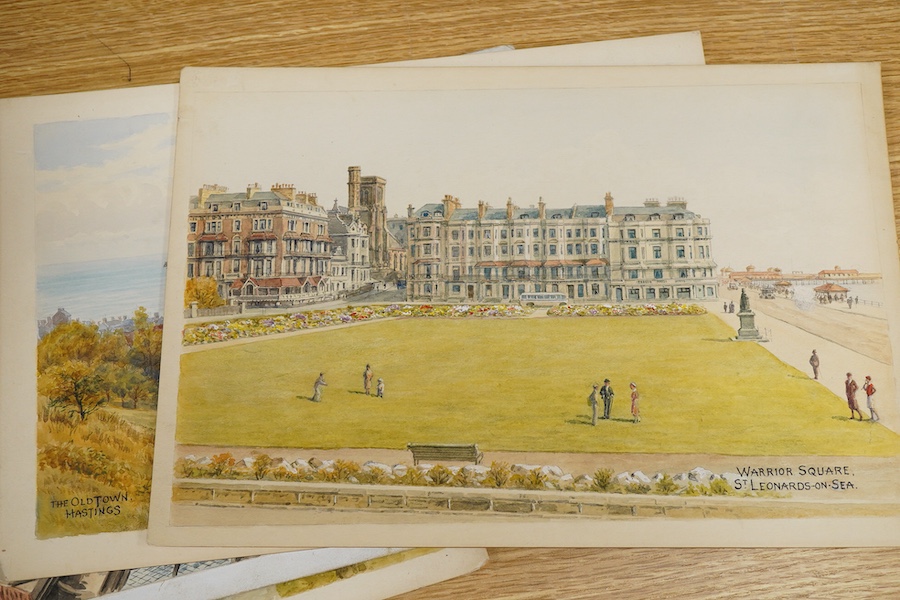 Sir Alfred Robert Quinton (1853-1934), Set of eight original watercolours for postcard designs, Sussex views to include Mermaid Street, Rye, Old Town, Hastings and Preston Park, Brighton, each monogrammed, signed or insc